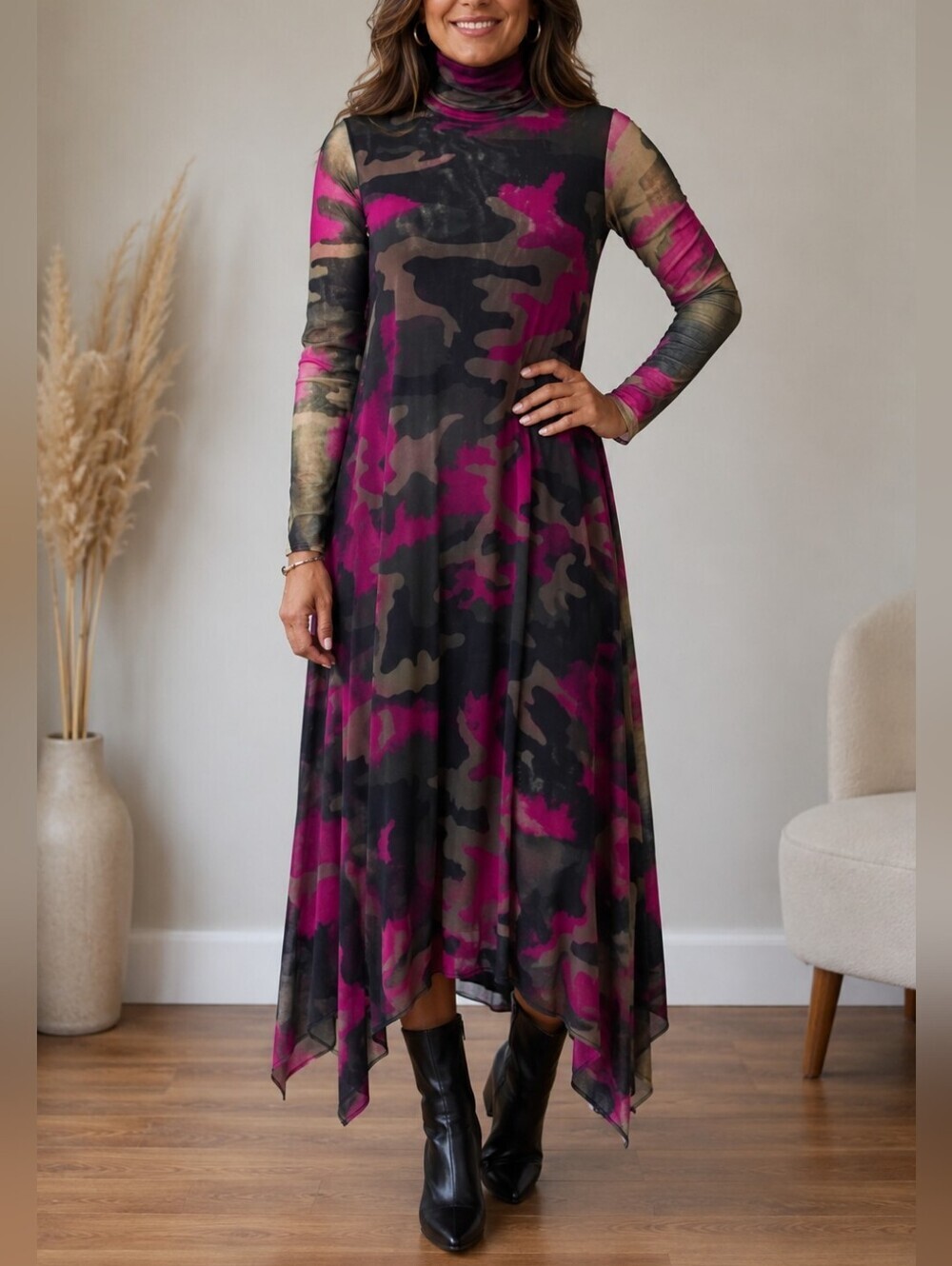 Jean Paul Gaultier Soleil Camouflage Turtleneck Long Sleeve Shift Dress